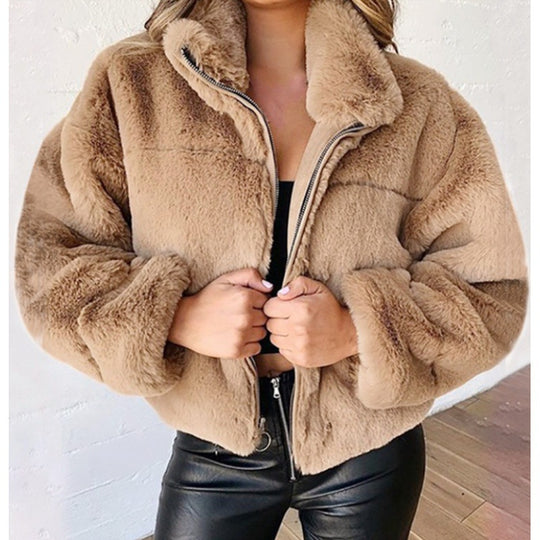 Damen Kurz geschnittene Kuschel-Fleece-Steppjacke mit Stehkragen und Reißverschluss Shop Nory
