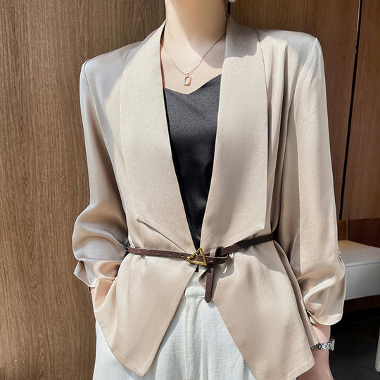 Damen Schalkragen-Blazer mit Satinbesatz, offener Front und legerer Kurzform Shop Nory