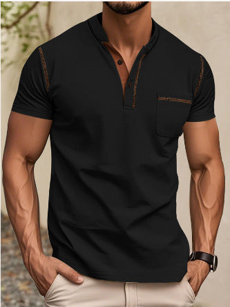 Herren nan modernes Kurzarm-Henley mit Stehkragen, Kontrastnähten und aufgesetzter Brusttasche