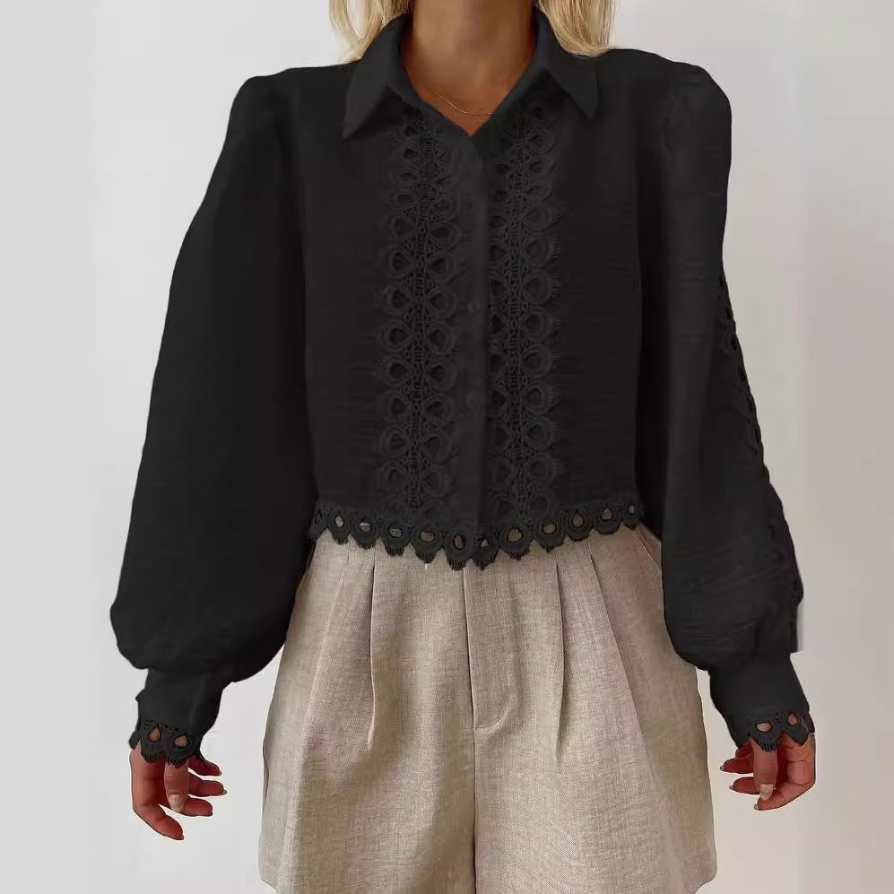 Damen Gestickte Leinenbluse mit Lochspitze, Ballonärmeln und Hemdkragen Shop Nory