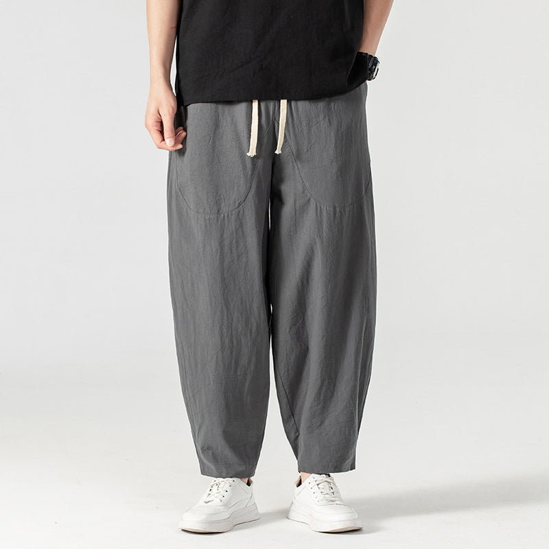 Herren Lässige Leinen-Baumwoll-Hose mit weitem Bein, Kordelzug und aufgesetzten Taschen Shop Nory