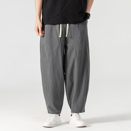 Herren Lässige Leinen-Baumwoll-Hose mit weitem Bein, Kordelzug und aufgesetzten Taschen Shop Nory