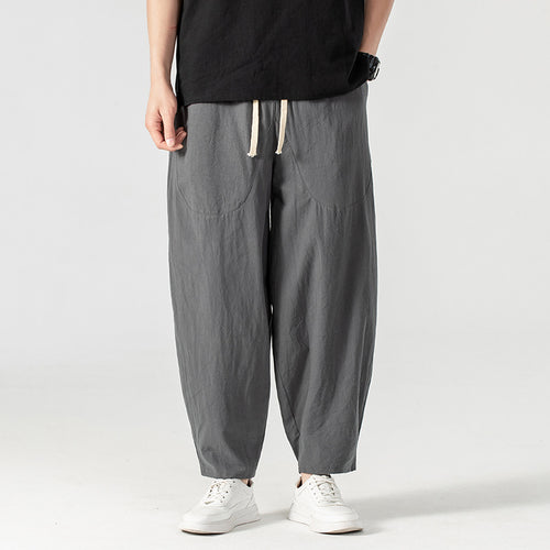 Herren Lässige Leinen-Baumwoll-Hose mit weitem Bein, Kordelzug und aufgesetzten Taschen Shop Nory