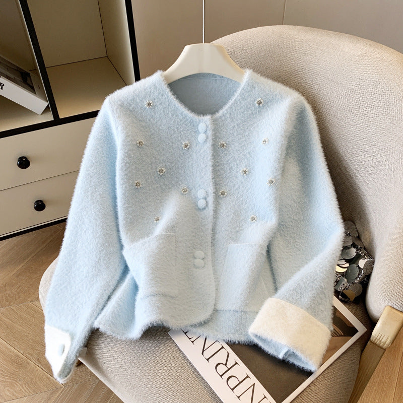 Damen Eleganter Strickjacke mit Perlen-Details Shop Nory
