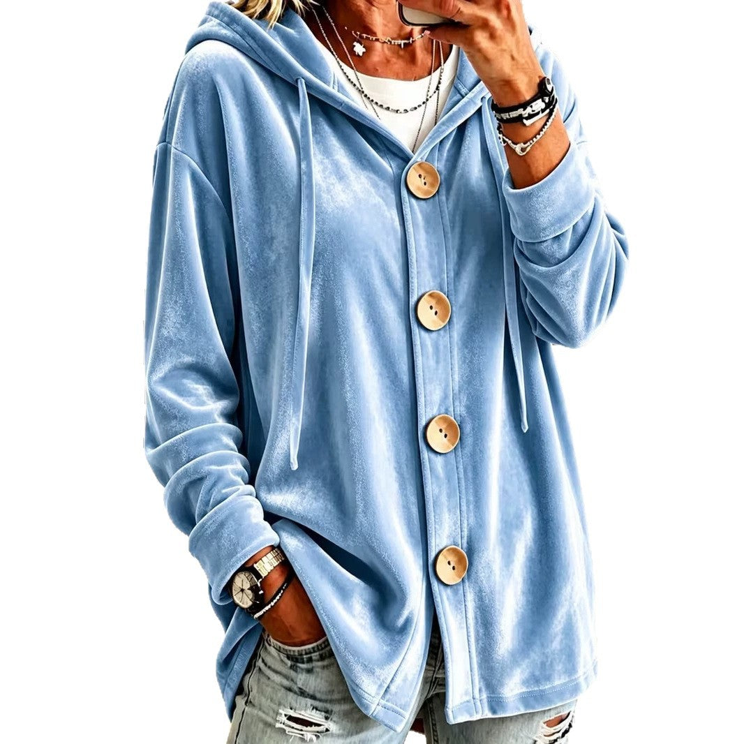 Damen Oversize Kapuzen-Samtjacke mit großen Holzknöpfen und weichem Veloursfutter Shop Nory