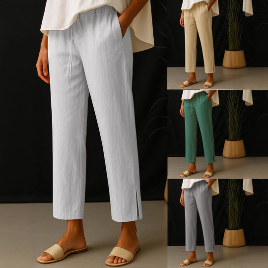 Damen Casual-Chino Leinenoptik Culotte mit elastischem Tunnelzugbund und Eingrifftaschen Shop Nory
