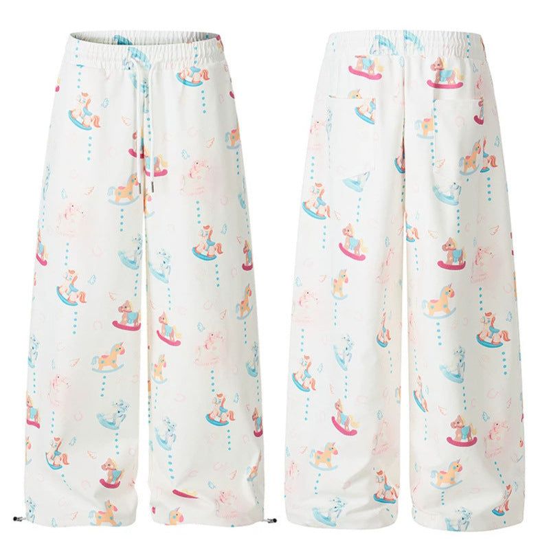 Damen Weite Palazzo-Loungehose mit Komfortbund, Kordelzug und verspieltem Schaukelpferd-Print Shop Nory