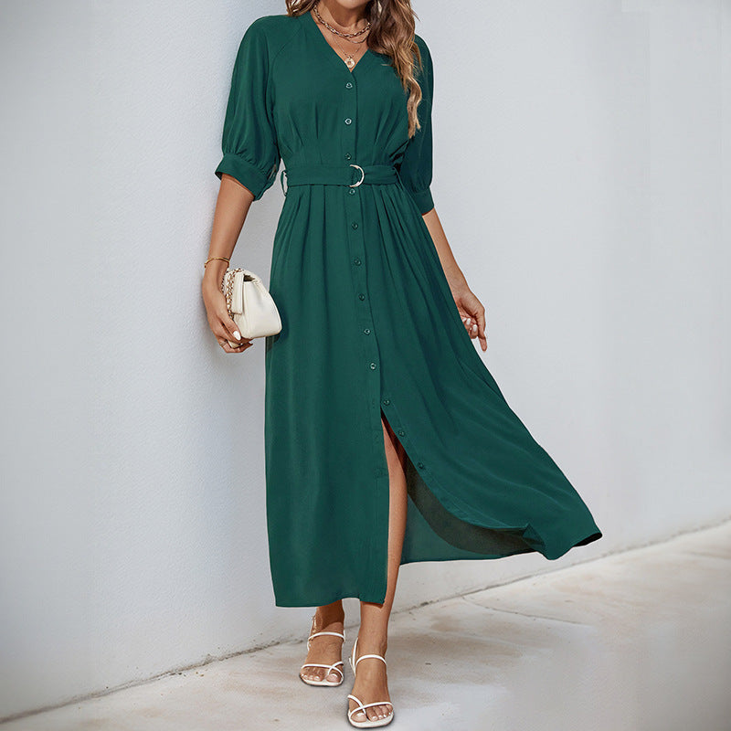 Damen Midikleid mit durchgehender Knopfleiste, V-Ausschnitt und D-Ring-Taillengürtel Shop Nory