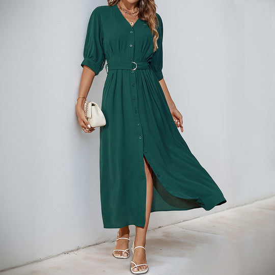 Damen Midikleid mit durchgehender Knopfleiste, V-Ausschnitt und D-Ring-Taillengürtel Shop Nory