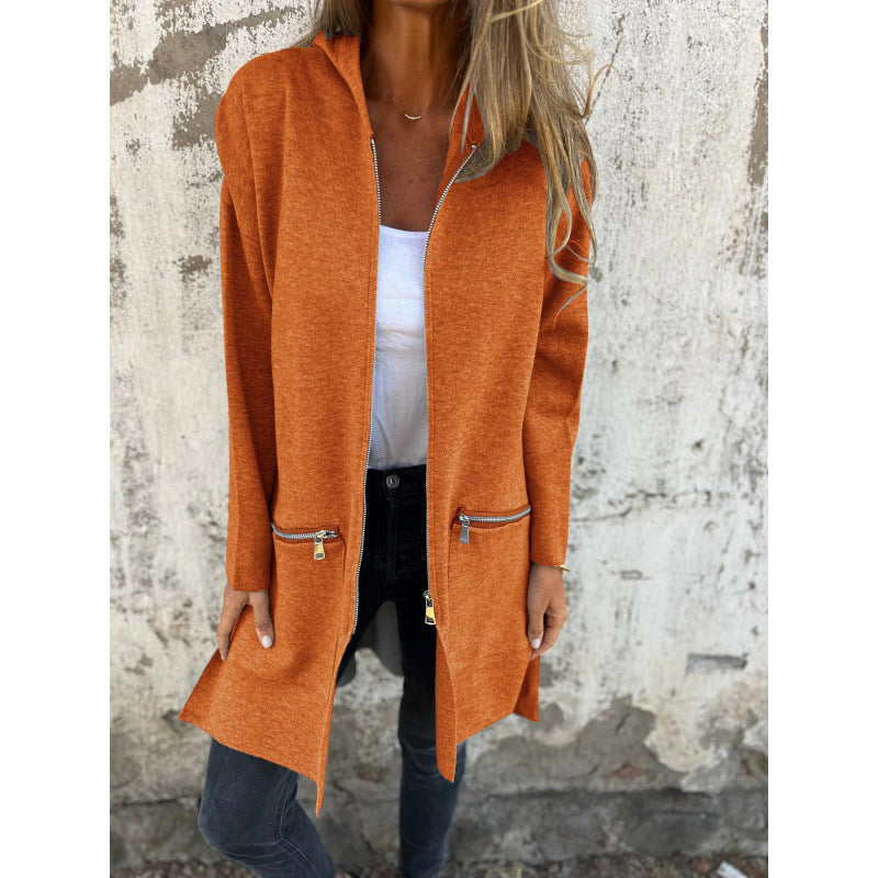 Damen Kapuzen-Longcardigan mit durchgehendem Reißverschluss und Ziertaschen Shop Nory