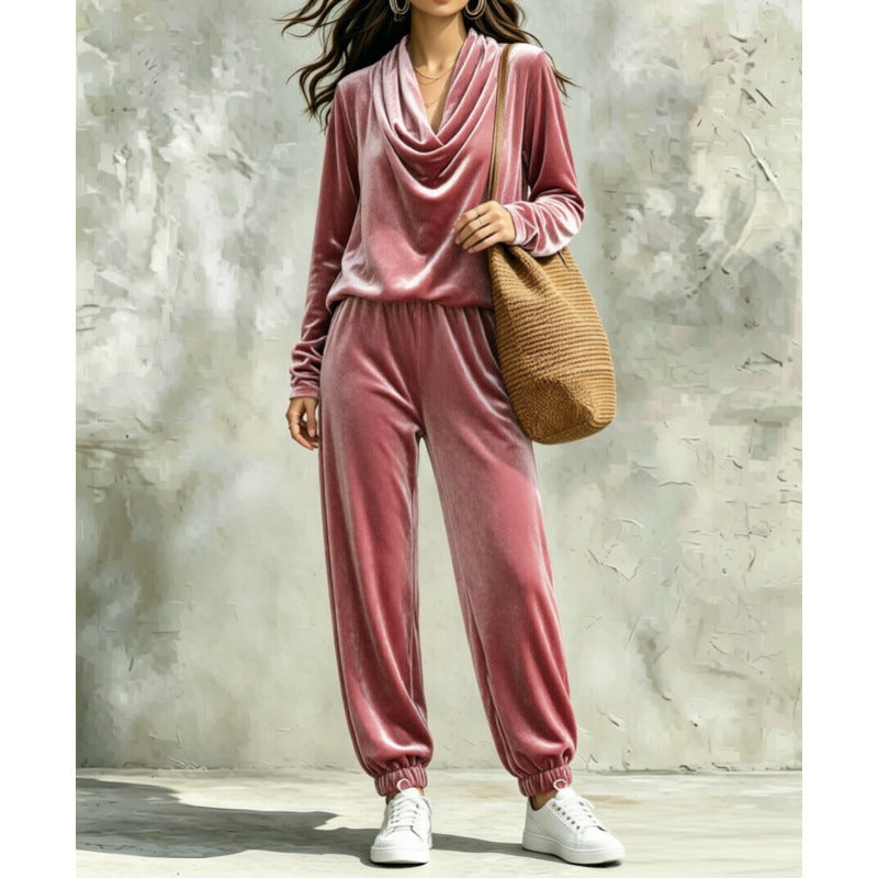 Damen Samt-Lounge-Set mit Wasserfallkragen und Jogger-Hose Shop Nory