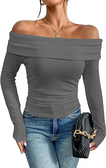 Damen Figurbetontes Schulterfreies Langarm Feinstrickshirt mit Carmenausschnitt Shop Nory