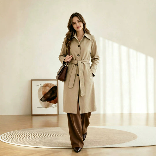 Damen klassischer Trenchcoat mit Taillengürtel und weitem Reverskragen Shop Nory