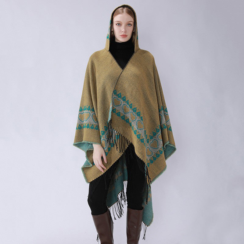 Damen Kapuzen-Capeponcho aus Wollmix mit Herz-Jacquard und Fransensaum Shop Nory