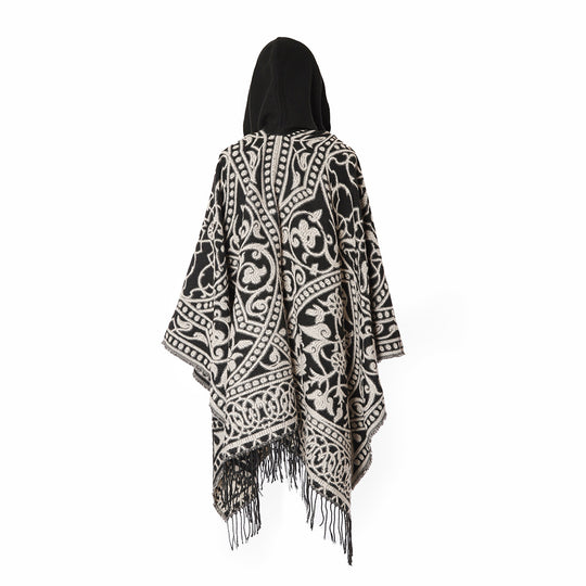 Damen Kapuzen-Ruana aus Wollmix mit Ornament-Jacquard und Fransen Shop Nory