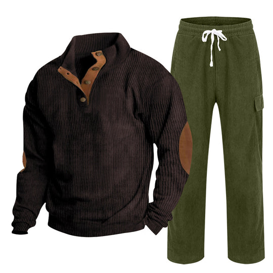 Herren Gemütliches Freizeit-Set aus Waffelstrick-Henley mit Ellenbogenpatch und Relax-Cargo-Hose Shop Nory