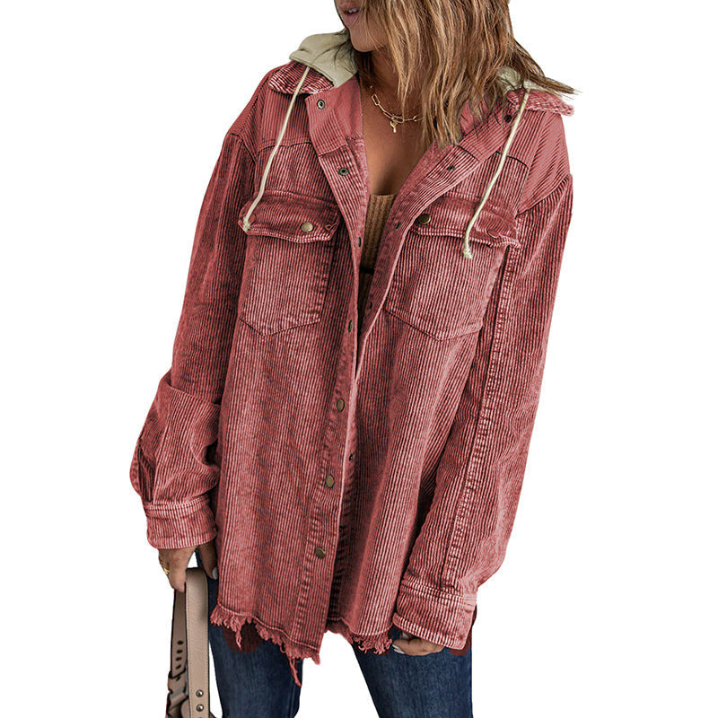 Shopnory | Jacke mit Kapuze Oversized Fit Cord-Textur Knopfverschluss Fransenrand