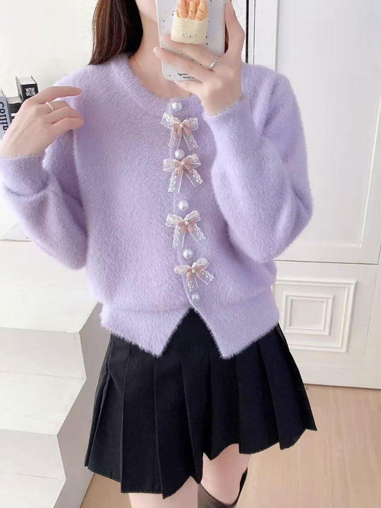 Damen Flauschige Strickjacke mit Perlen und Rüschendetails Shop Nory