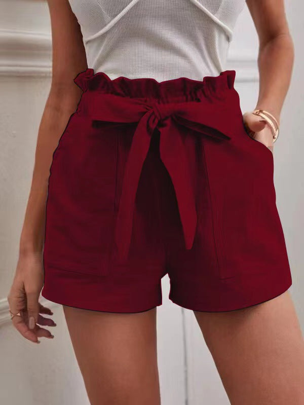 Damen kurze Lockere Leinenhose mit Bindegürtel