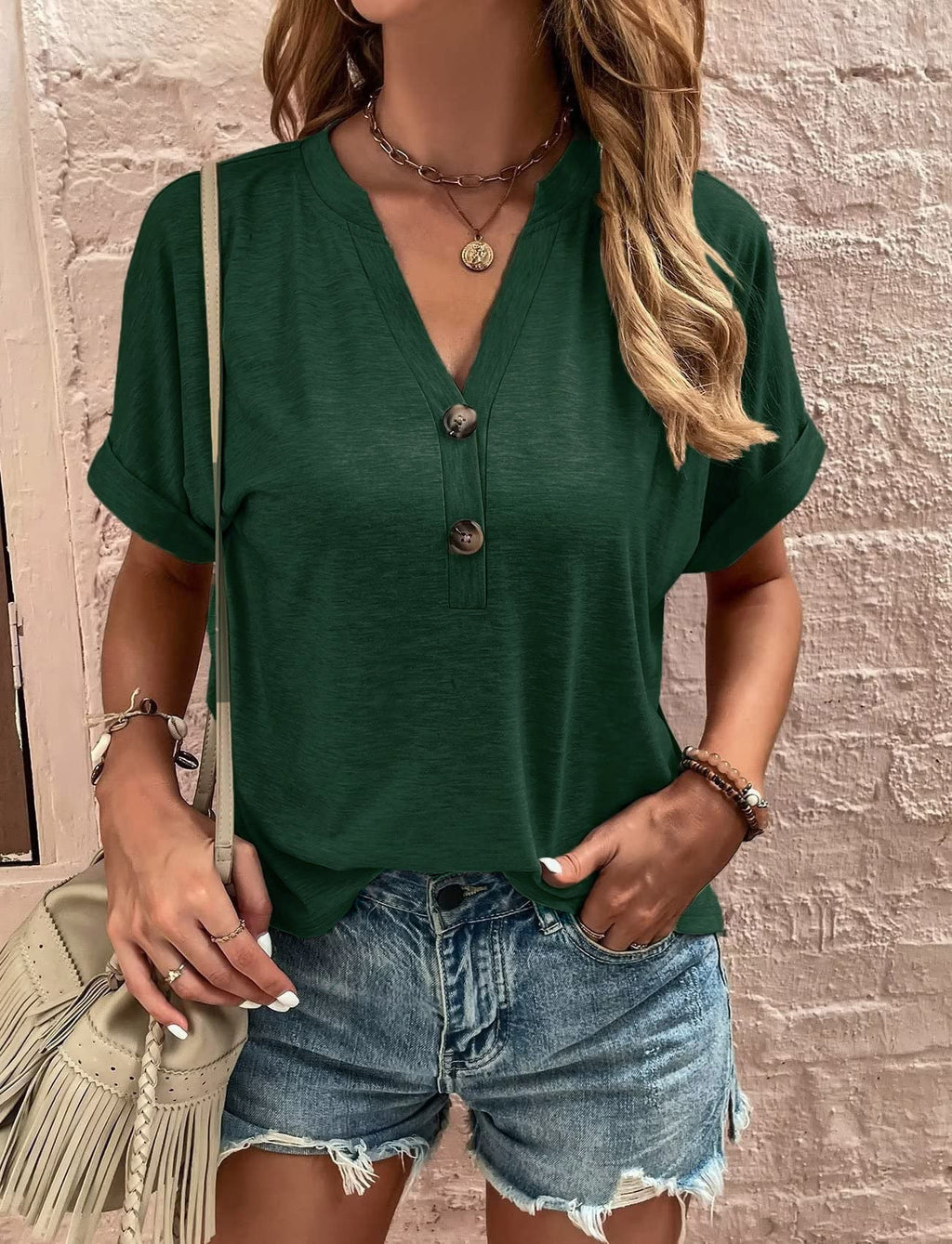 Damen legeres V-Ausschnitt T-Shirt mit Knopfleiste