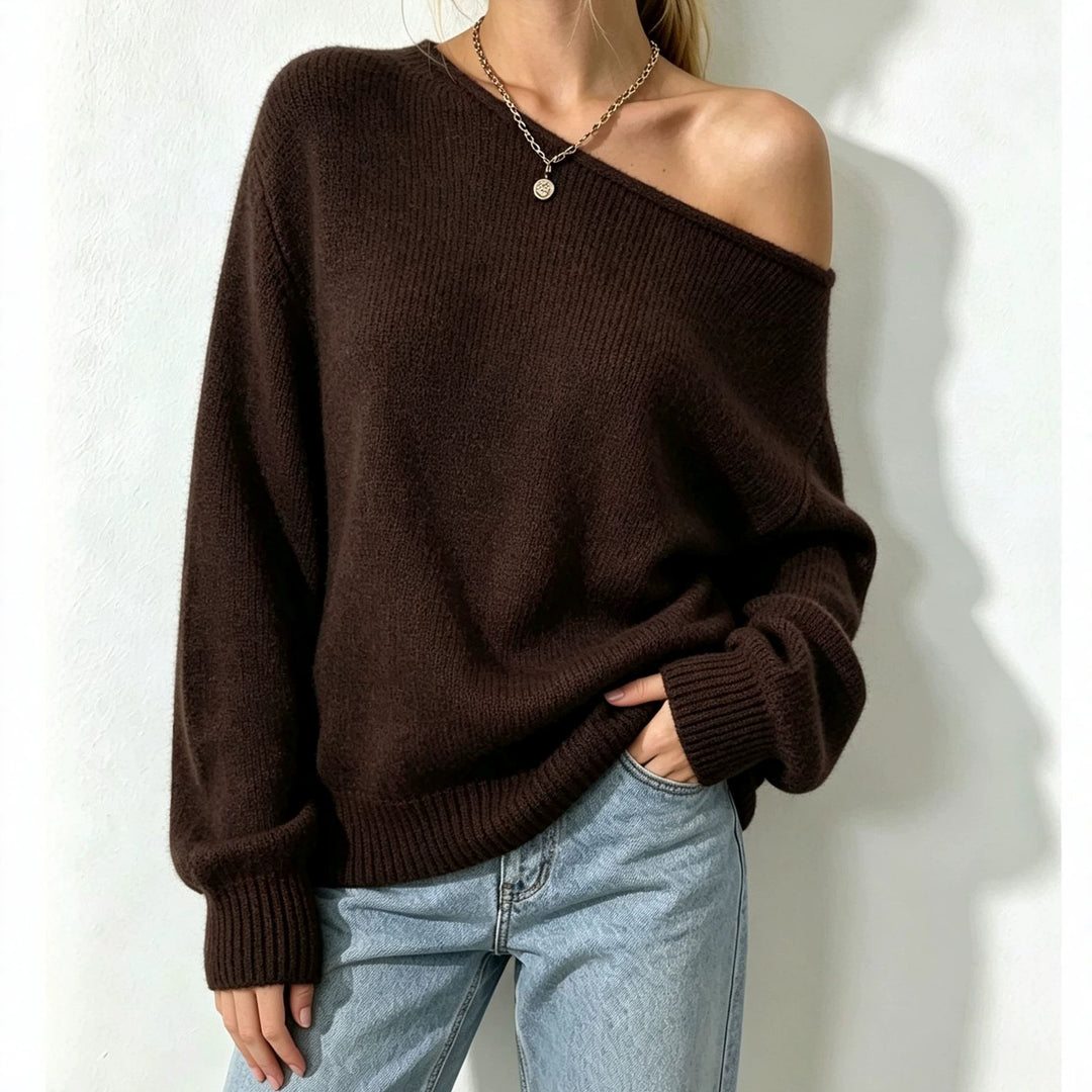 Damen Oversize Off-Shoulder Feinstrickpullover mit gerippten Bündchen Shop Nory