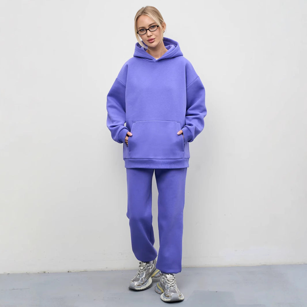 Damen lässiges Kapuzen-Sweatset aus schwerer Baumwollfleece mit Kängurutasche und gerader Jogginghose Shop Nory