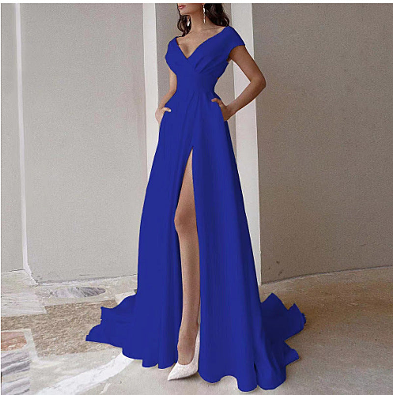 Damen elegantes Maxikleid mit tiefem V-Ausschnitt und seitlichem Schlitz