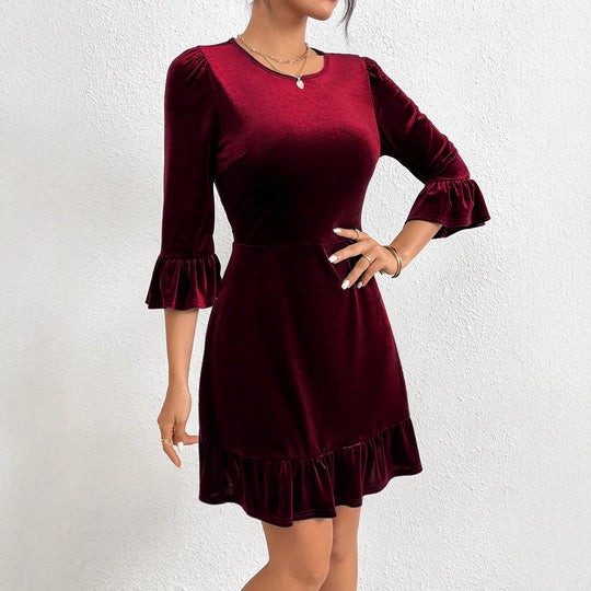 Damen Samt-Minikleid mit taillierter Korsagenlinie, gerafften Volantärmeln und stufigem Saum Shop Nory