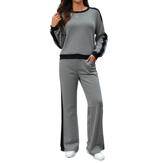 Damen lässiges Lounge-Set mit Kontraststreifen, Rundhalsausschnitt und weitem Bein Shop Nory