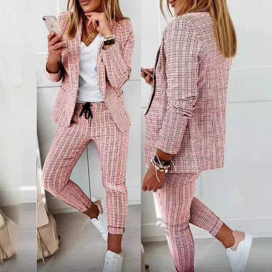 Damen Zweiteiler karierter Blazer und Slim-Fit Jogginghose mit Tunnelzug Shop Nory