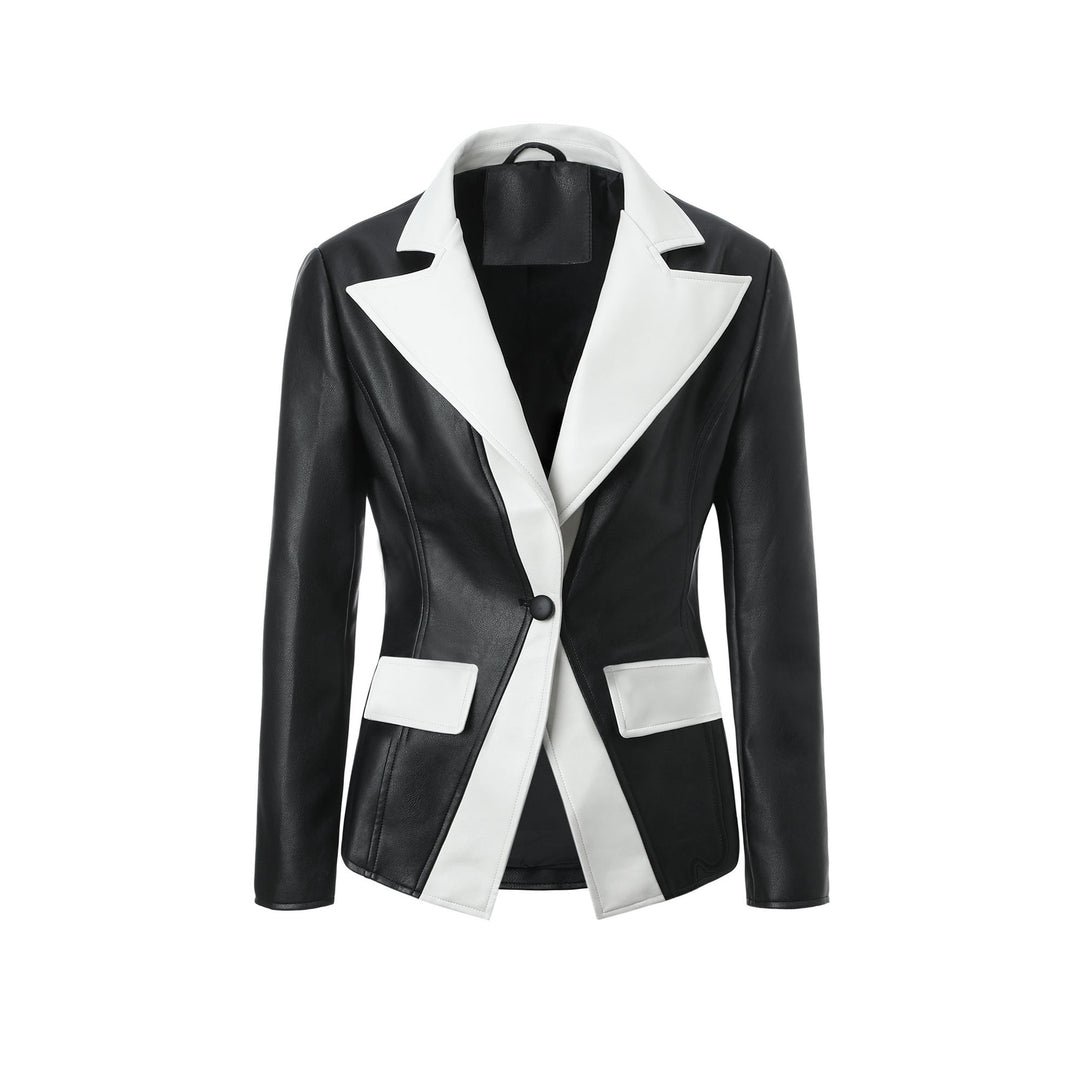 Damen Kontrastblazer aus Kunstleder mit spitzem Revers und taillierter Schnittführung Shop Nory