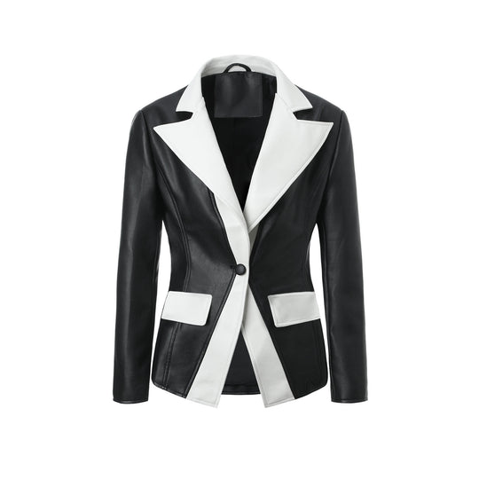 Damen Kontrastblazer aus Kunstleder mit spitzem Revers und taillierter Schnittführung Shop Nory
