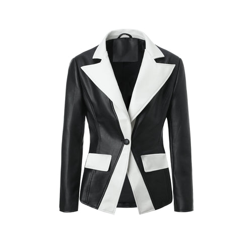 Damen Kontrastblazer aus Kunstleder mit spitzem Revers und taillierter Schnittführung Shop Nory