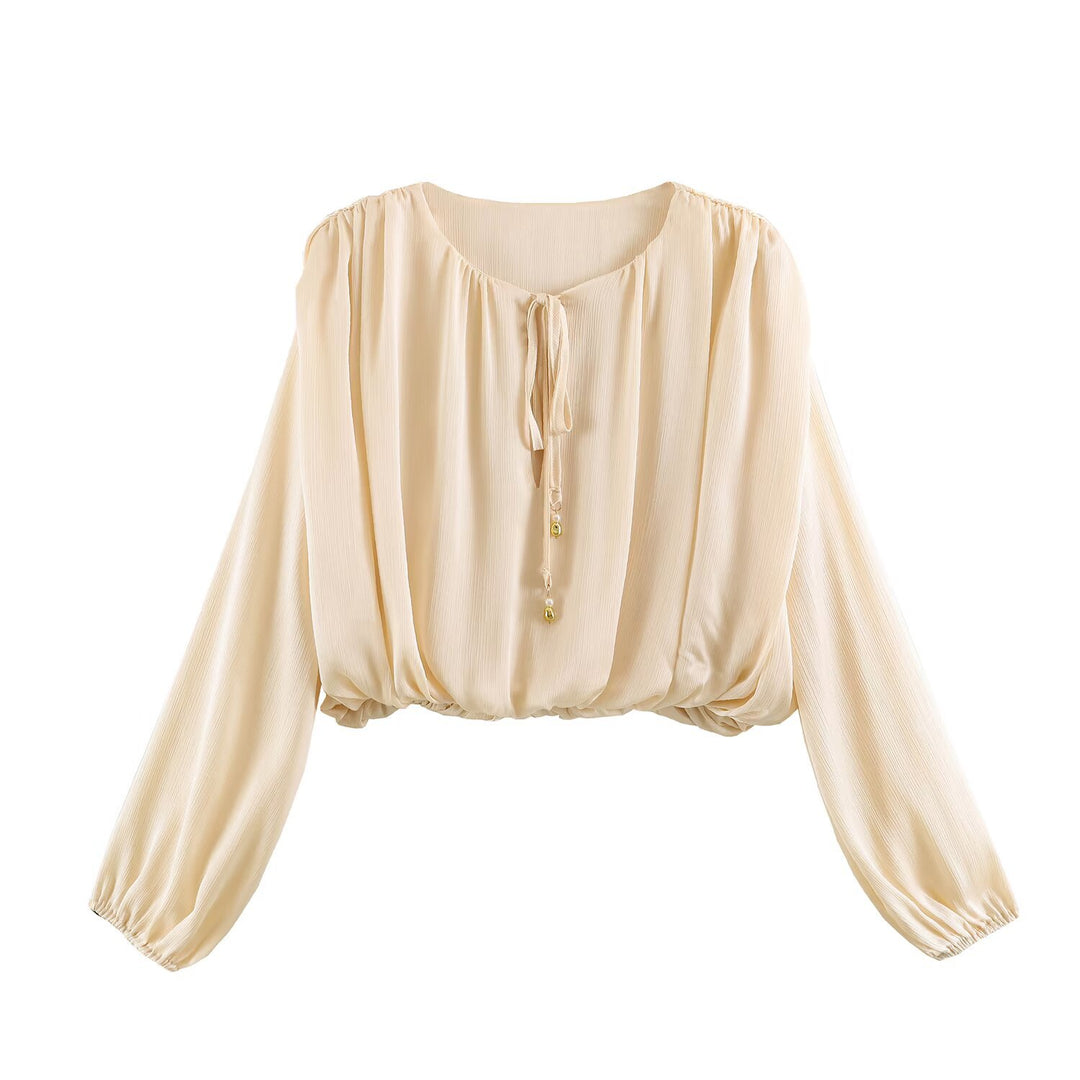 Damen nan luftige Boho Carmen-Bluse mit Kordelzug, weiten Ballonärmeln und elastischem Saum Shop Nory