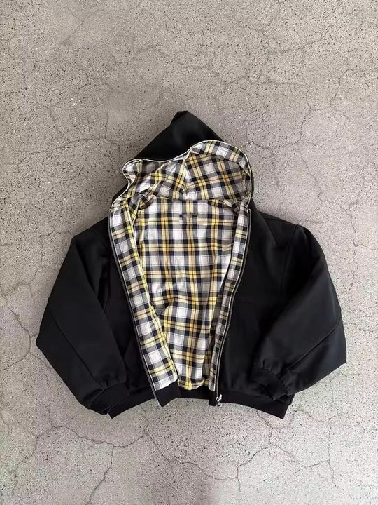 Damen Oversized Kapuzenjacke mit kariertem Innenfutter und durchgehendem Reißverschluss Shop Nory