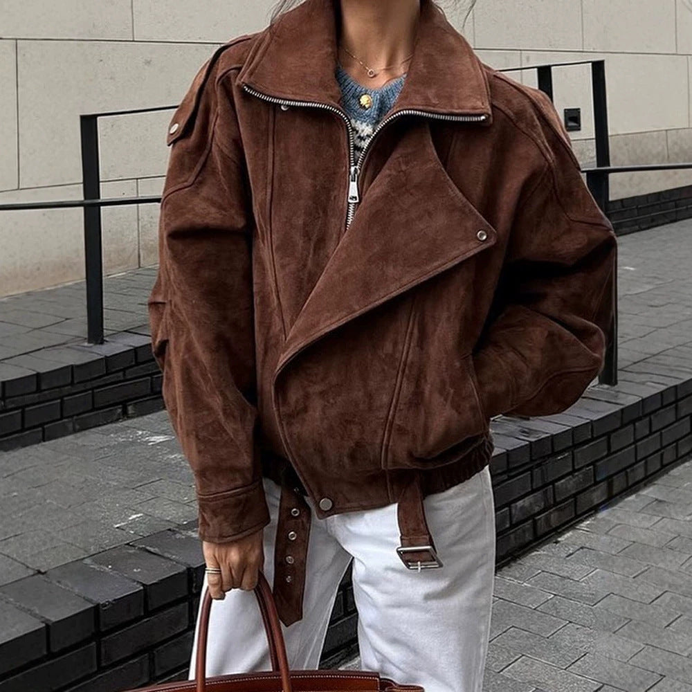 Damen Kurze Veloursleder-Bomberjacke mit hohem Stehkragen und Taillengürtel Shop Nory
