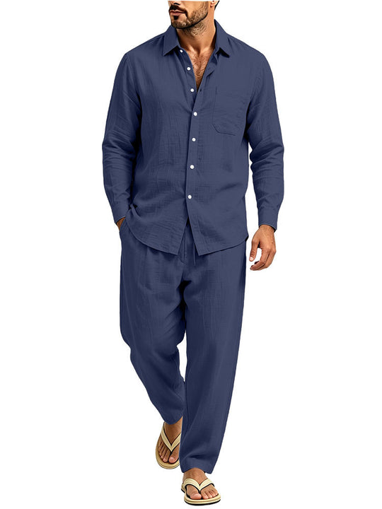 Herren Lässiges Zweiteiliges Freizeitset in Leinenoptik mit Knopfhemd und weiter Bundhose Shop Nory