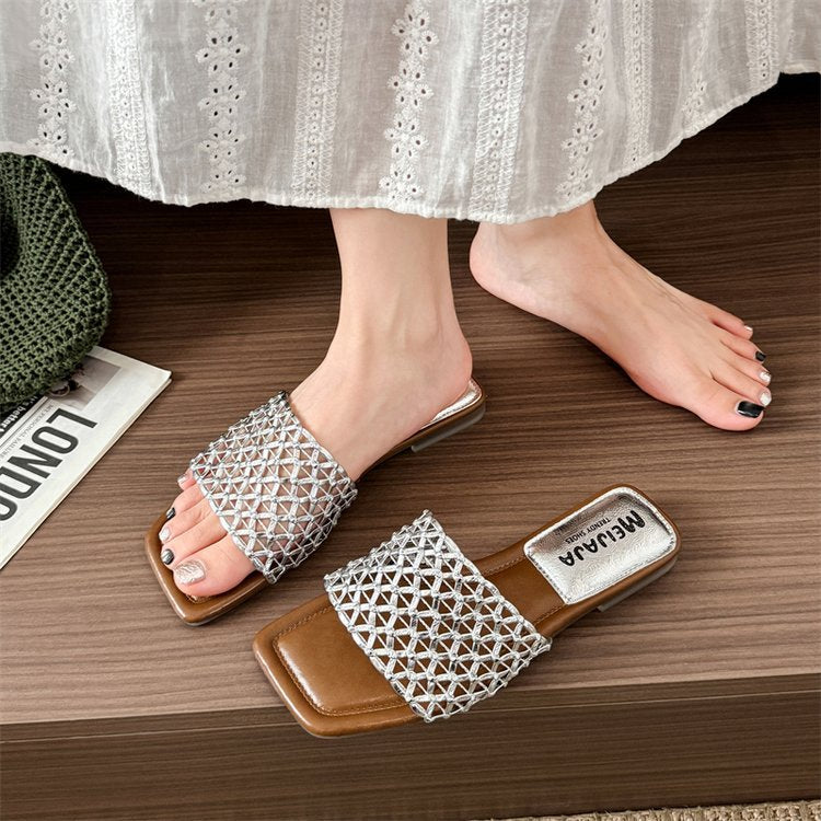 Damen elegante Flach-Sandaletten mit dekorativem Netzdesign Shopnory