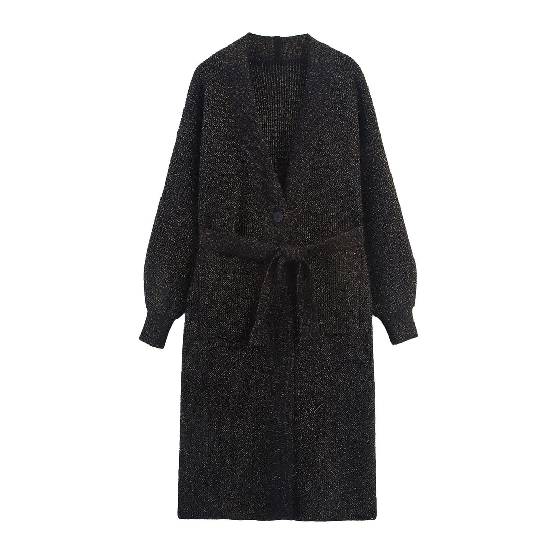 Damen Lange Strickjacke mit Bindegürtel, aufgesetzten Taschen und tiefem V-Ausschnitt Shop Nory