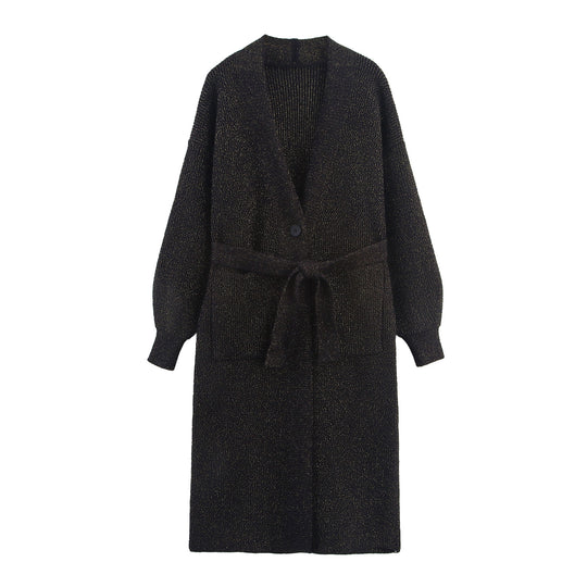 Damen Lange Strickjacke mit Bindegürtel, aufgesetzten Taschen und tiefem V-Ausschnitt Shop Nory
