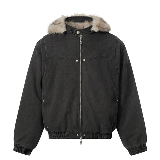 Herren Canvas-Bomberjacke mit abnehmbarer Kunstfellkapuze und elastischem Saum Shop Nory