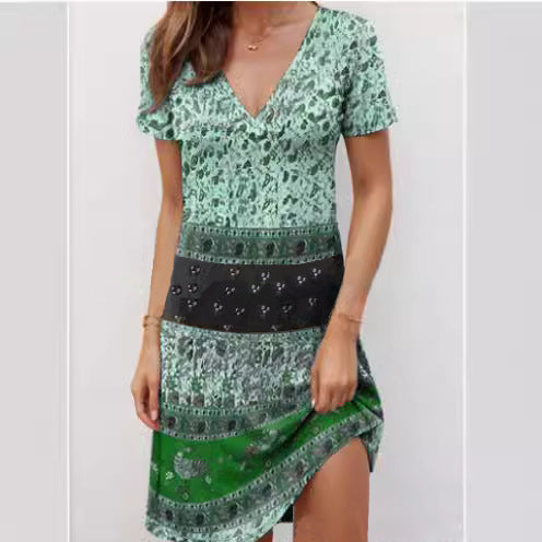 Damen Kurzarmkleid mit modischem V-Ausschnitt und kreativem Muster