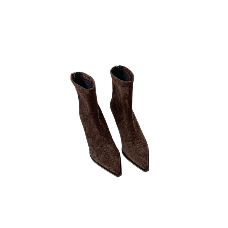 Damen Spitz zulaufende Ankle-Boots aus Veloursoptik mit sockenhaftem Schaft und schlankem Stiletto-Absatz Shop Nory