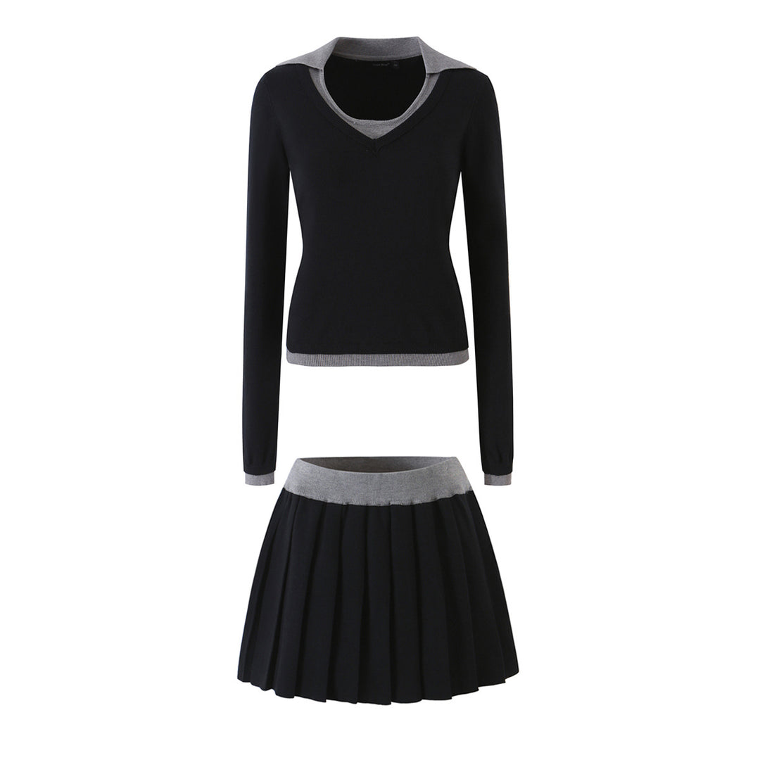 Damen Zweiteiliges Feinstrick-Set mit V-Ausschnitt, kontrastierendem Kragen und plissiertem Minirock Shop Nory