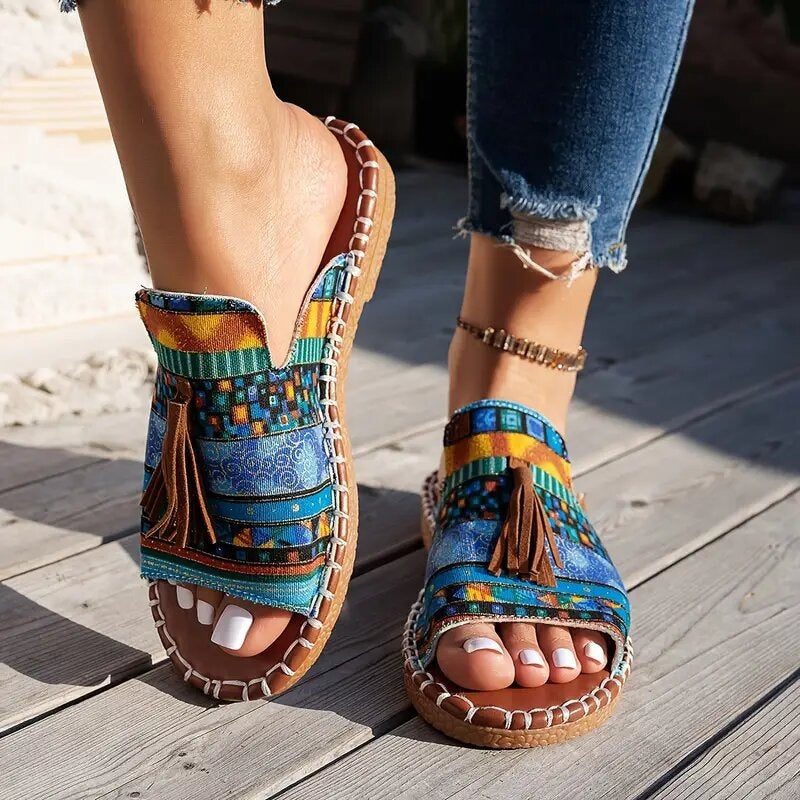 Damen Boho-Ethno-Quasten-Pantoletten mit geflochtener Sohle und gepolstertem Fußbett Shop Nory
