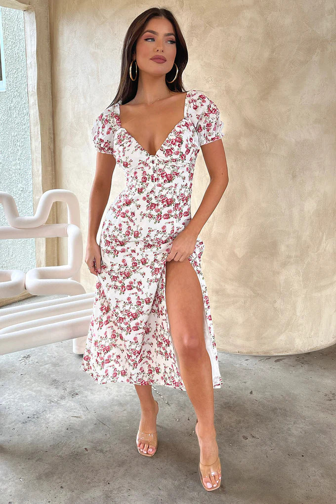 Damen Sommerliches Maxi-Kleid mit floralem Muster und elegantem Schlitz Shopnory