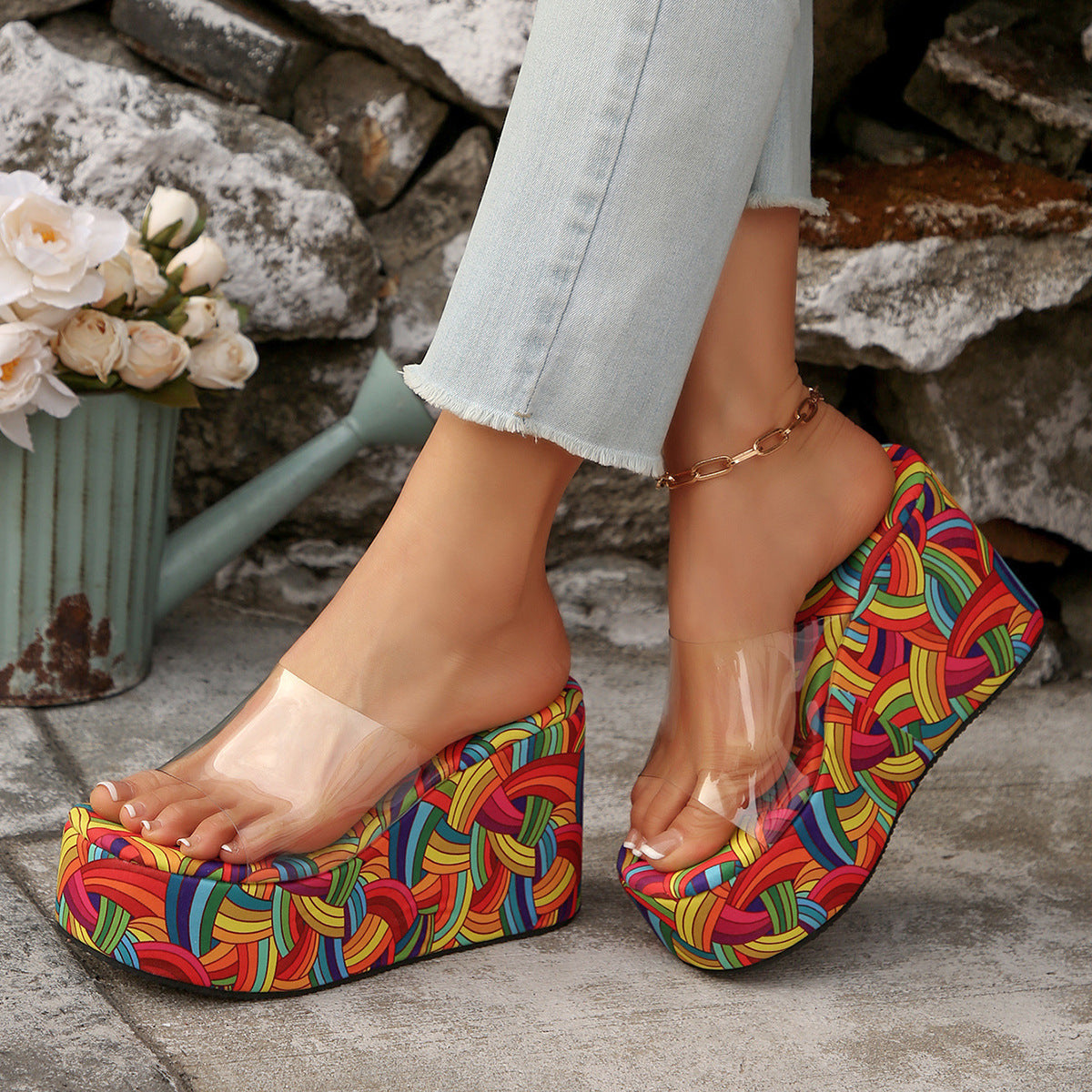 Damen Wedge-Pantoletten mit transparentem Obermaterial und komfortabler Sohle
