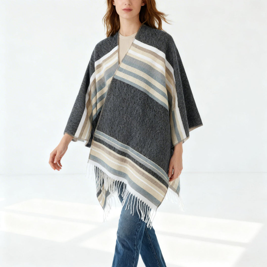 Damen Gestreifter Wollmix-Poncho mit Fransensaum Shop Nory