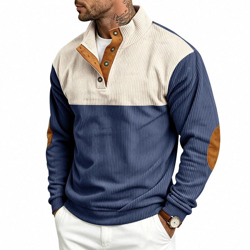 Herren Gerippter Stehkragen-Pullover mit Knopfleiste, Kontrastblende und Ellbogen-Patches Shop Nory