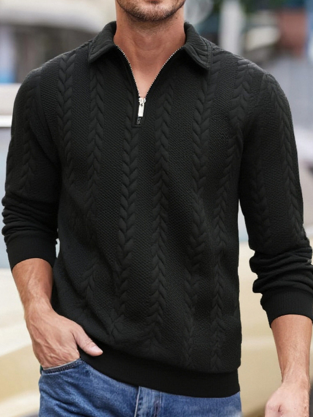Herren Feinstrukturierter Zopfstrickpullover mit Kurzreißverschluss und Kentkragen Shop Nory
